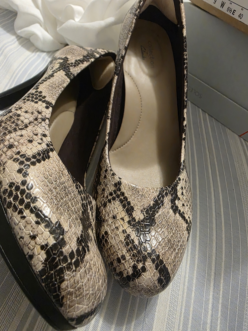 Clarks Women's Beige Snake Print Block Heel Pumps